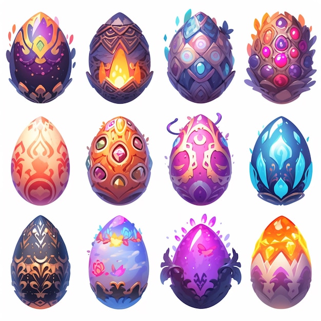a set of nine different colored easter eggs with designs generative ai
