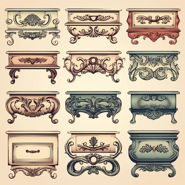 A set of nine different types of furniture in a vintage style generative ai