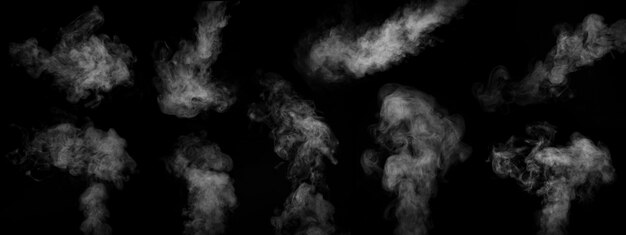 A set of nine different types of swirling writhing smoke steam isolated on a black background for overlaying on your photos Horizontal and vertical steam Abstract smoky background