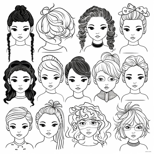 異なるヘアスタイルを持つ 9 つの異なる女性の顔のセット生成 AI