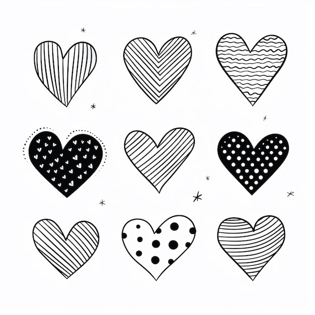 Photo a set of nine hearts drawn in black and white with dots generative ai