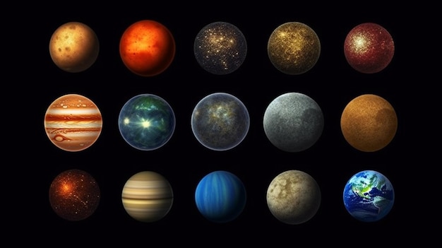 Photo a set of nine planets with different size and color generative ai