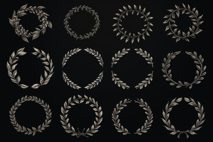 Photo set of nine silver laurel wreaths on black background ideal for awards and achievements