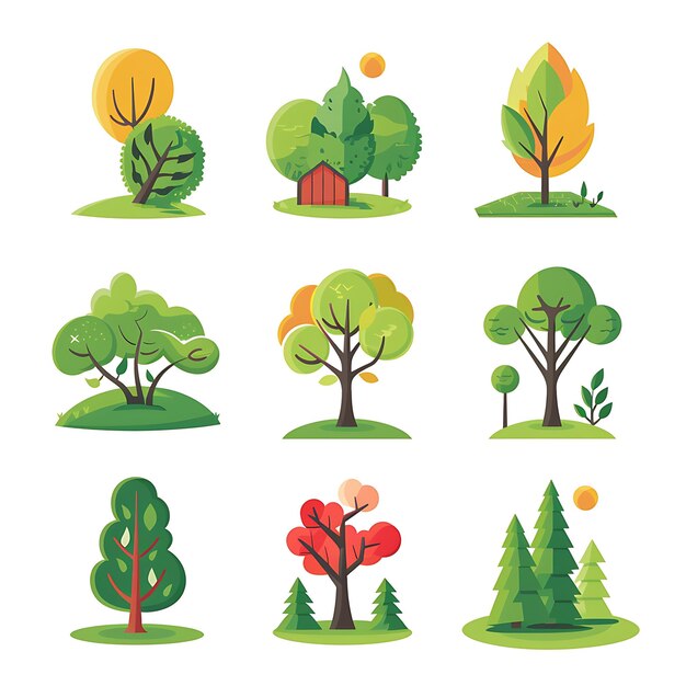 Photo a set of nine unique and colorful tree illustrations in a flat design style