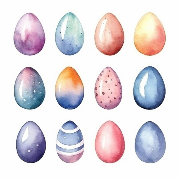 A set of nine watercolor easter eggs painted in different colors generative ai