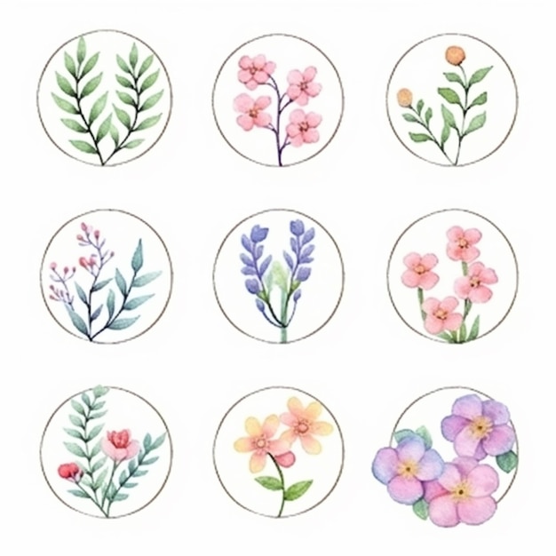 Набор из девяти акварельных цветов в кругу с генеративным искусственным интеллектом