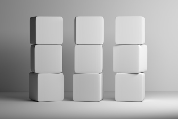 Set of nine white cubes with rounded edges stacked on each other. 3d illustration.