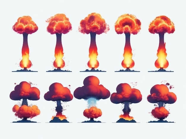 Foto serie di esplosioni nucleari e nube di funghi isolati su sfondo trasparente ia generativa