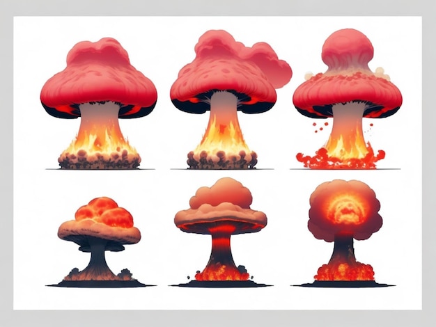 Photo set of nuclear explosions and mushroom cloud isolated on transparent background generative ai