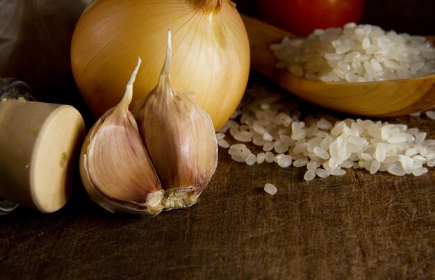 Set of nutrition food on wood texture