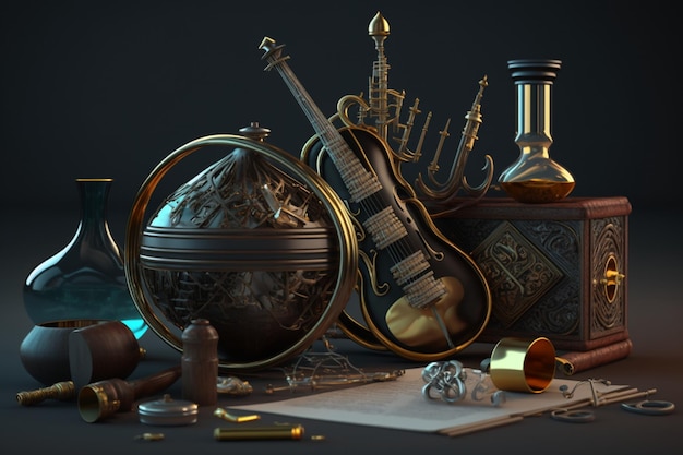 A set of objects including a violin, a barrel, a barrel, a scroll, a book, a book, a book, a book, a book, a book, a book,