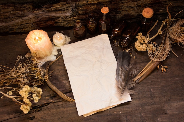 Photo set of objects for witchcraft rituals, on rustic wood