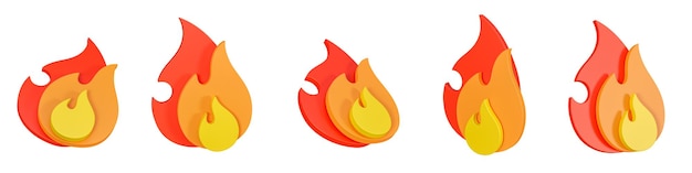 Фото Набор 3d значка огня, выделенного на белом фоне 5 различных углов тепловых эмоций для веб-3d рендеринга