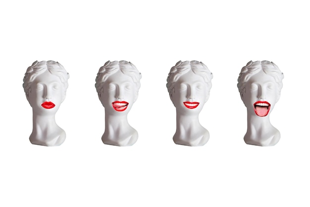 Фото Набор античных женских статуй с красными губами, целующимися, улыбающимися, показывающими язык.