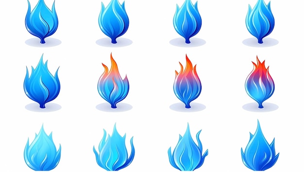 Фото Набор значков голубого пламени огня, изолированных на белом фоне