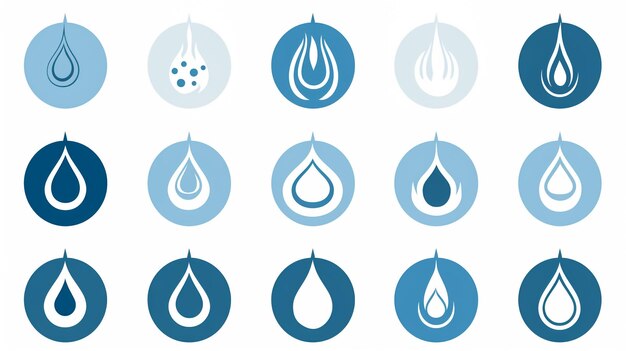 사진 하 배경에 파란 물방울 아이콘 터의 세트 평평한 물방울 로고 모양 컬렉션