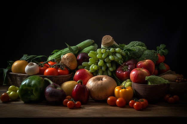 写真 テーブルの上の明るい新鮮な野菜と果物のセット 食品の背景 柔らかな光 広告写真 商業写真 ジェネレーティブ ai