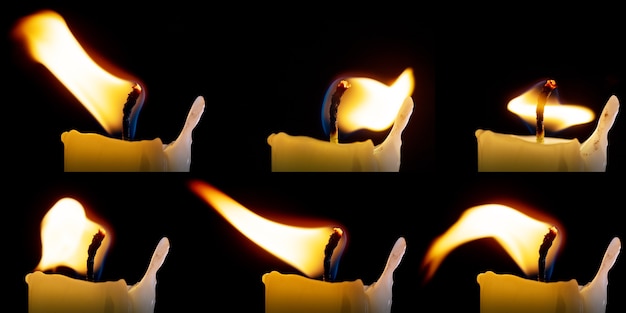 Фото Набор пламени свечи, изолированных на черном фоне, коллекция из шести изображений для наложения на ваши фотографии. огонь горит, гнет. танцующее пламя свечи. пламя свечи изгибается на ветру