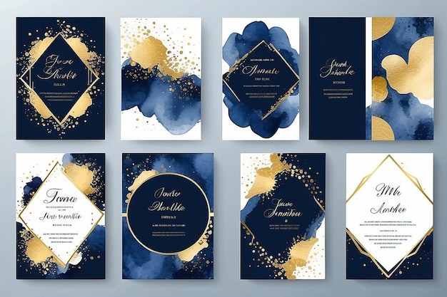 Фото Набор карт с абстрактной формой, золотой брызг, свадебная акварель, концепция, морской синий плакат, приглашение, вектор, декоративная поздравительная карточка или дизайн приглашения, фон