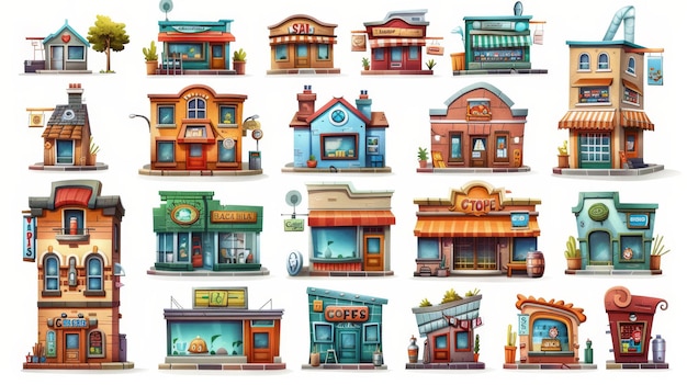 Foto set of cartoon buildings isolated on a white background apartment houses pubs cafes bookstores grocery shops with banners on walls architectural model of town