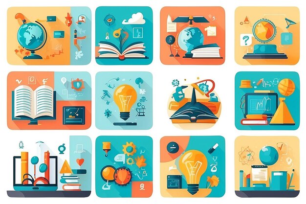 사진 교육에 대한 개념 아이콘 세트: 교육에 대한 아이콘 스마트 아이디어, 전자학습, 지식 과학 시작