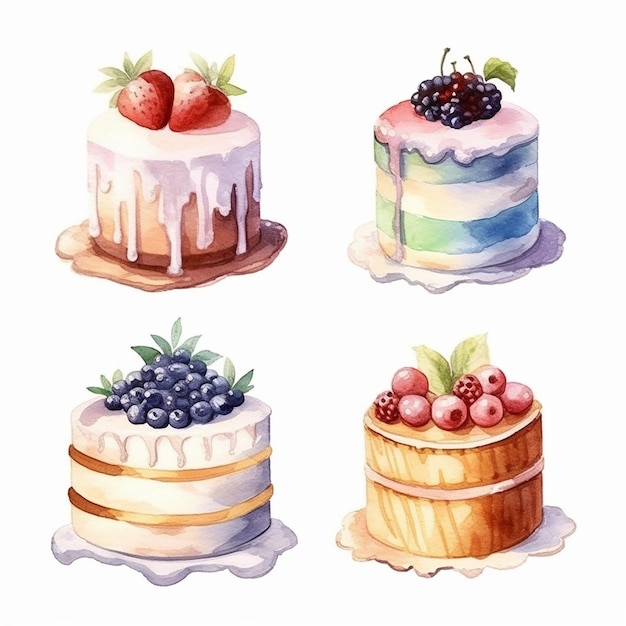 set_of_cute_watercolor_happy_birth_day_cakeminimal_style