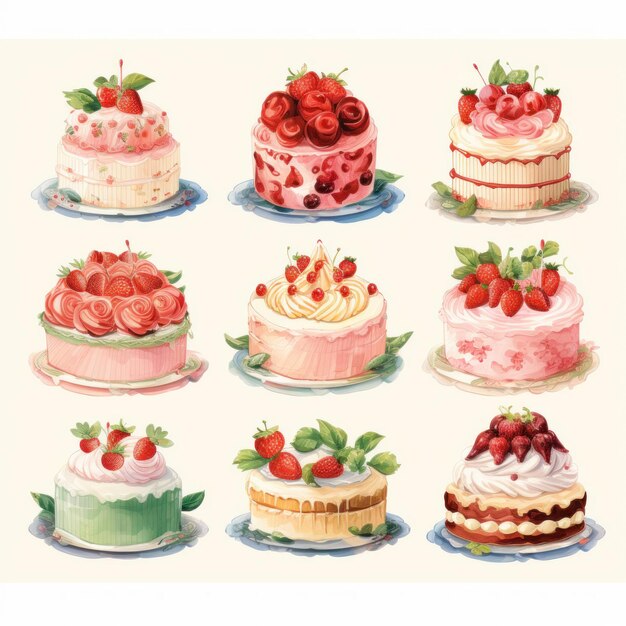 사진 베리 와 크림 이 들어 있는 다양한 케이크 의 세트 수채화 그림