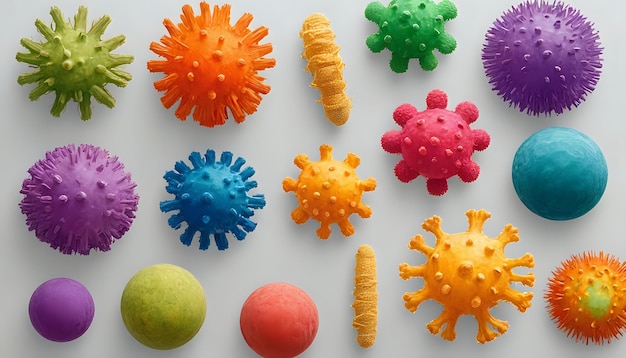 Фото Набор различных цветных бактерий, микробов и вирусов, выделенных на непрозрачном белом фоне