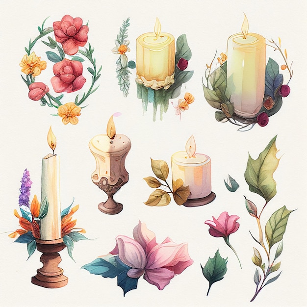 Фото Набор различных видов свечей горящих цветов акварельная краска генеративный ai