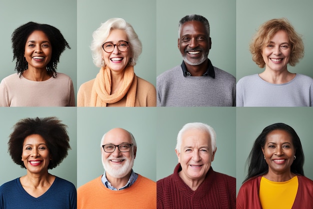 사진 다양성의 집합 고령 성인 은퇴자는 행복하고 긍정적 인 다인종 그룹의 표정에 직면합니다.