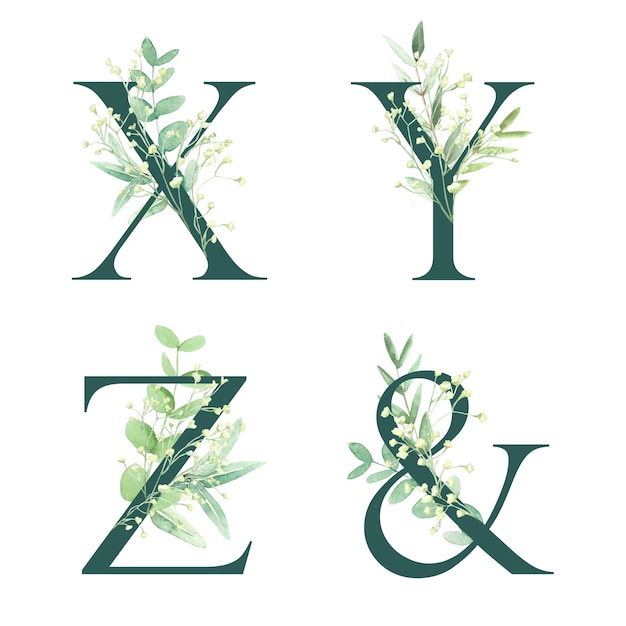 写真 花のアルファベットのセット 文字xyzとアルファベートの文字は濃い緑色です