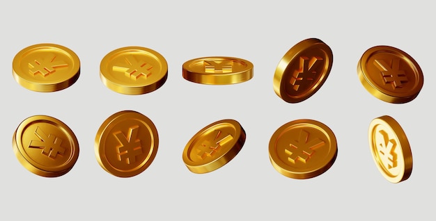 Фото Набор золотых монет со знаком иены различной формы на белом фоне. 3d визуализация