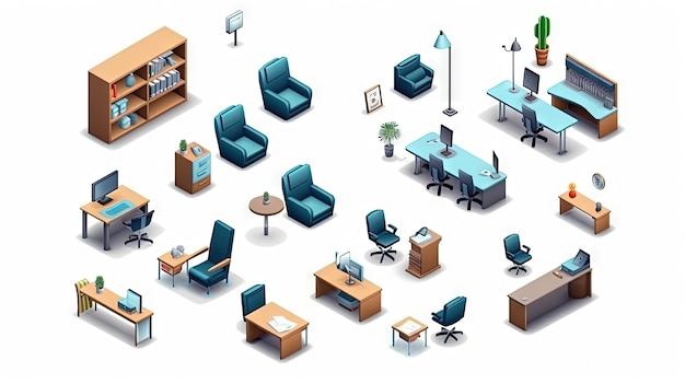 Фото Набор изометрической офисной мебели с иконами столов и стульев, сгенерированных ии
