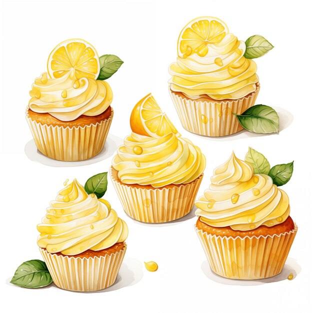 Фото Набор лимонных кексов с лимонной глазурой и лимонным кусочком гарнира на белом