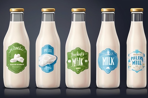 사진 다양한 라벨을 가진 우유 유리 병 세트 신선하고 자연스러운 우유 당신의 브랜드 로고를 위해