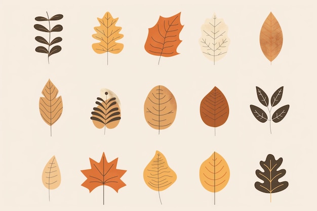 写真 暖かい土色の色彩のミニマリストの秋の葉のイラストセット