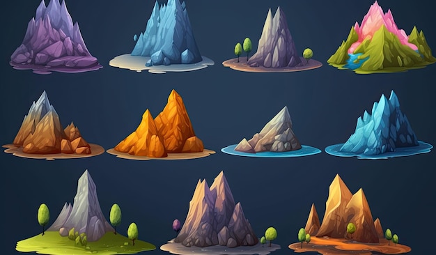 Фото Набор гор, изолированных на простом фоне, векторная иллюстрация в стиле мультфильма