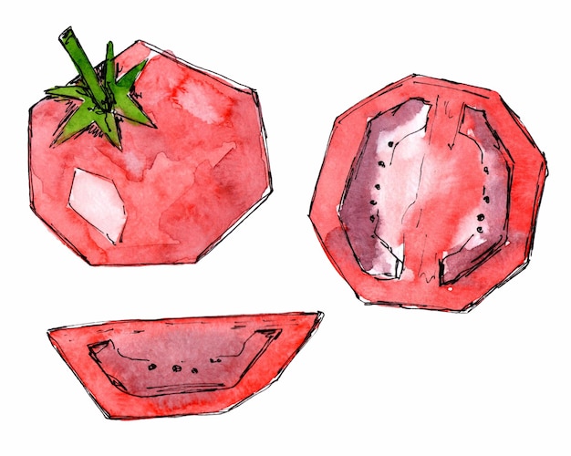 사진 빨간 야채 토마토 수채화 스케치 손으로 그린 세트 흰색 배경에 고립 된 신선한 음식 디자인 요소를 그린