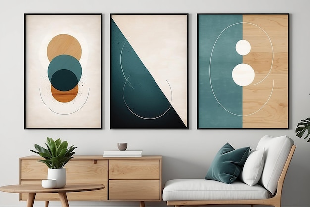Фото Набор из трех минималистских геометрических абстрактных плакатов с деревянной текстурой для украшения стен дома или офиса