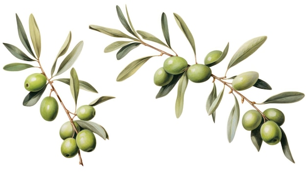 Фото Набор из трех акварельных листьев и фруктов оливковой ветви, созданный ai