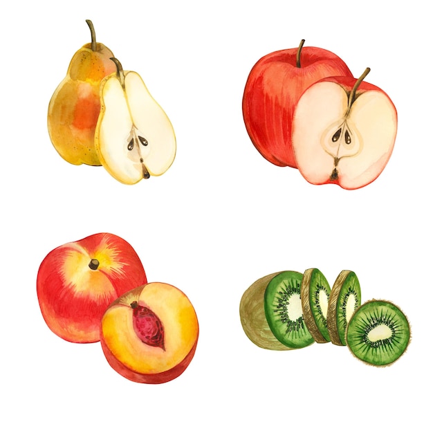 Фото Набор акварельных элементов фрукты груша красная яблоко киви нектарин и кусочки фруктов