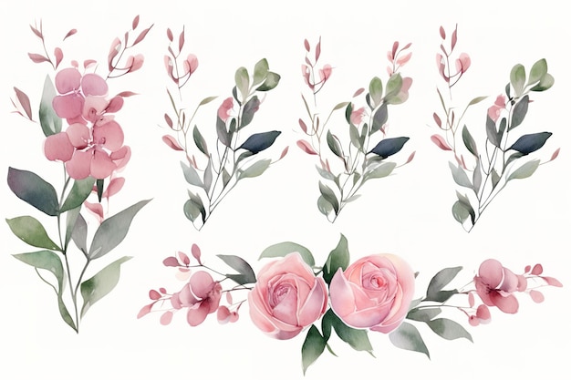 写真 ピンクのバラと水彩の花のフレームの枠線のセット