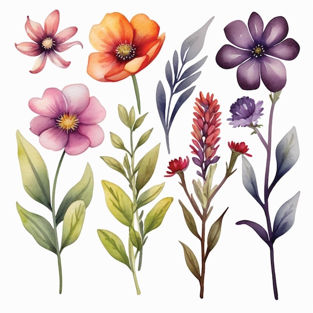 사진 색 배경에 수채화 꽃 세트 다채로운 꽃의 세트