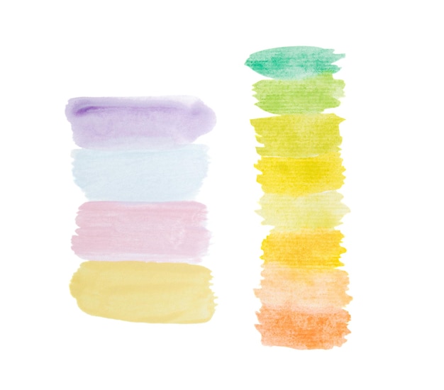 사진 수채화 손 그림 브러시 스트로크 세트 밝은 파스텔 색상 여러 가지 빛깔의 추상 얼룩