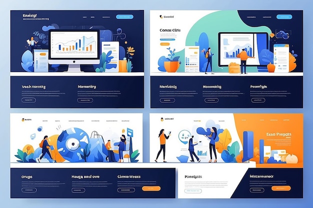 写真 ビジネスの金融とマーケティングのためのウェブページデザインのテンプレートのセット ウェブサイトとモバイルウェブサイトの開発のための近代的なベクトルイラストレーションコンセプト