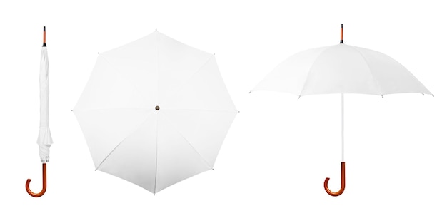 Фото Набор белых зонтов, изолированных на белом фоне, коллекция пустых сложенных закрытых открытых зонтов
