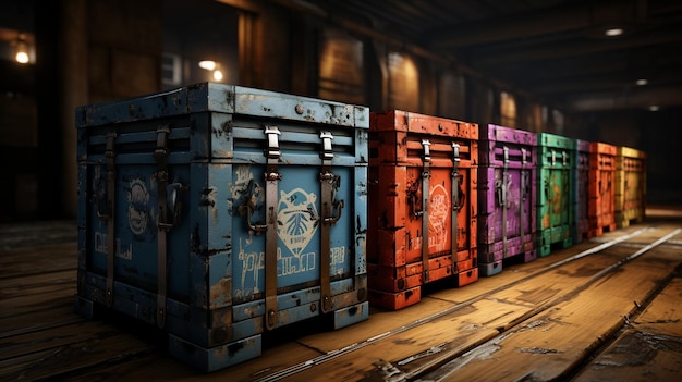 Фото Набор деревянных ящиков с различными пиратскими предметами