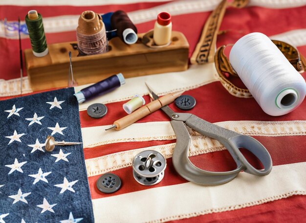 A set off a lot of different red tools for working include hammer USA flag background