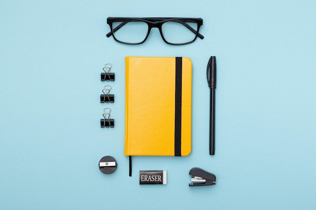 Set of office items lie on the table minimalistic set for work and study