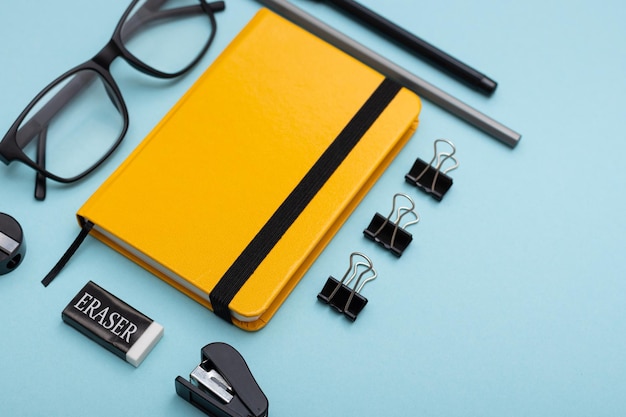 Set of office items lie on the table minimalistic set for work and study